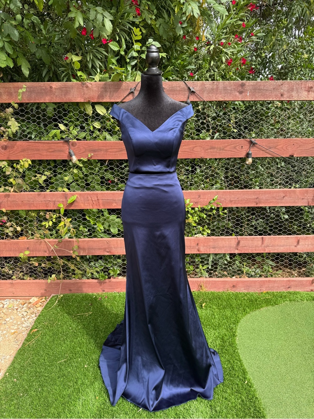 Sherri Hill Navy Satin Off-Shoulder Mermaid Gown